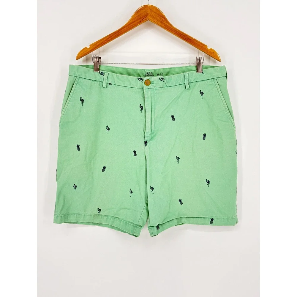 IZOD Saltwater Chino Shorts Mens 38 Green Flamingo Pineapple Nautical  Summer